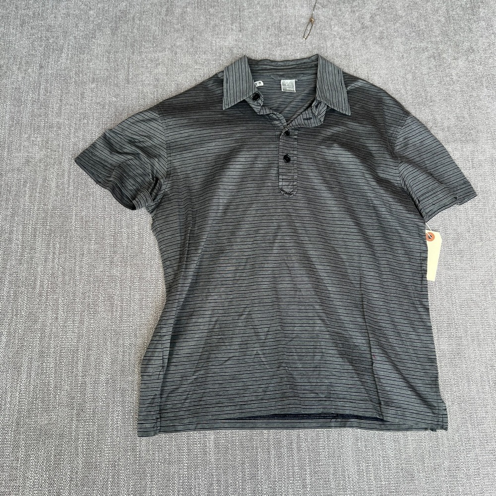 John Varvatos Polo Shirt Mens Medium Gray Black Striped Short Sleeve Popover